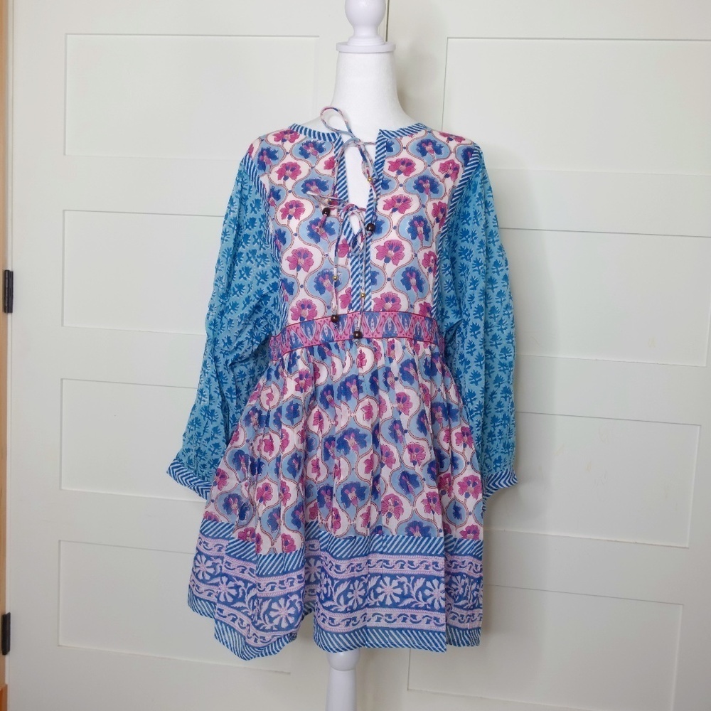 Oliphant Dress NWT Tie Front Balloon Mini Iris Blue long sleeves flare dress